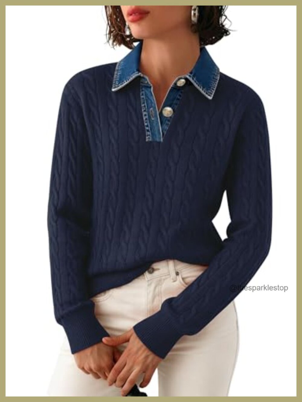 Cable Knit V-Neck Button Pullover Sweater Long Sleeve Loose Fit